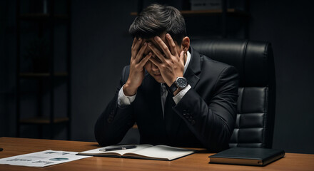 Exhausted Businessman at Desk, Symbolizing Negative Self-Talk, Depression, Mental Health Struggles, Burnout, Intrusive Thoughts, Workplace Anxiety