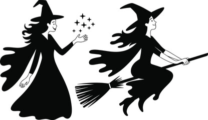 Cartoon witch illustration, flying on broomstick, casting magic spell, Halloween fantasy design, black silhouette, spooky costume character, enchanted art, magical fantasy female figure