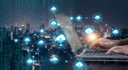 Cloud Computing Connection with Cityscape and Digital Binary Code for Modern Technology Solutions and Global Communication Network