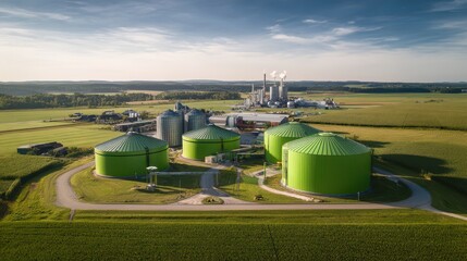 Aerial view of a modern farm with large green gas tanks and an energy plant in the background