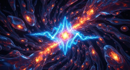 Abstract Vibrant Blue Orange Cosmic Energy Pattern with Bright Light in Dark Space