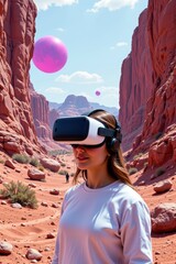 Naklejka premium Woman Wearing VR Headset in Desert Landscape with Abstract Spheres