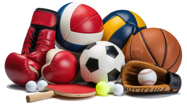 Red boxing gloves soccer ball basketball volleyball baseball and ping pong paddle with golf balls 2025 2026 football world cup image poster banner label social media post