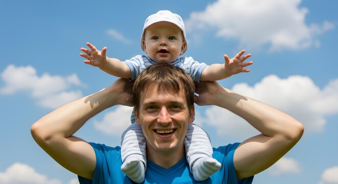 Happy father carrying his smiling baby son on his shoulders outdoors on a sunny day with blue sky and clouds