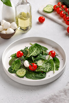 Green vegetables Salad with mix salad leaves, spinach, tomatoes and mozzarella on white plate.