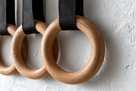 Wooden gymnastics rings hanging on black straps against a concrete wall. Fitness equipment for exercise, workout, and strength training.