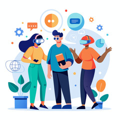 Team members collaborating in virtual reality isolated on white background