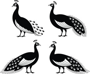 Elegant peacock silhouette illustration, decorative vector design, black and white peacock art, traditional bird motif, ornamental peacock figure, artistic wildlife decoration print