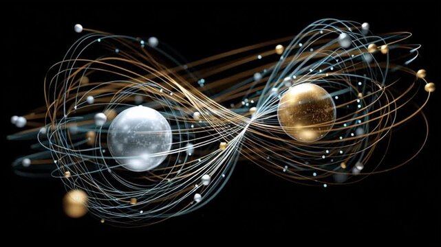 Quantum entanglement particles physics. Superposition research. Measurement science. Abstract visualization of two entangled particles.