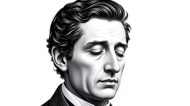 Black and white vintage engraving, headshot portrait of Louis Braille, the famous French educator, with eyes closed, white background, greyscale -