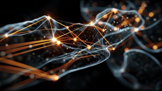 Quantum entanglement particles physics. Superposition research. Measurement science. Abstract glowing network of interconnected particles.