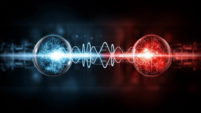 Quantum entanglement particles physics. Superposition research. Measurement science. Blue and red entangled particles with energy bridge.