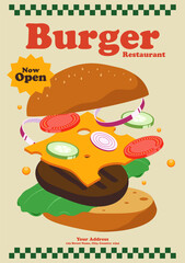 Burger restaurant template poster design background. Hamburger ingredient separated into layer vintage retro style
