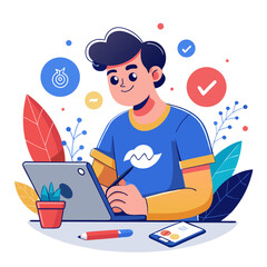 Graphic designer working on a digital tablet isolated on white background