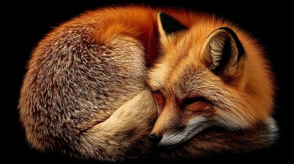 Curled, orange fox with closed eyes against a black background, tail wrapped around