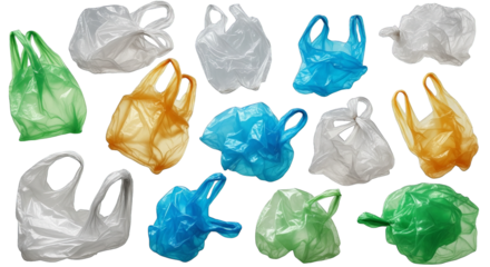 Assorted colorful plastic carrier bags are arranged in a scattered, floating composition, isolated