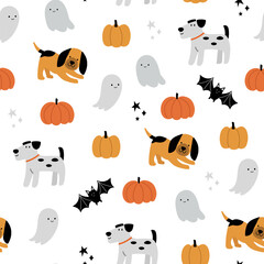 Naklejka premium MHappy Halloween vector seamless pattern. Cute dog, pumpkin, ghost on a white background. Dog print in flat style.