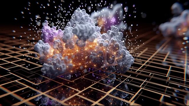 Quantum entanglement particles physics. Superposition research. Measurement science. Visualization of entangled particles in a quantum field.