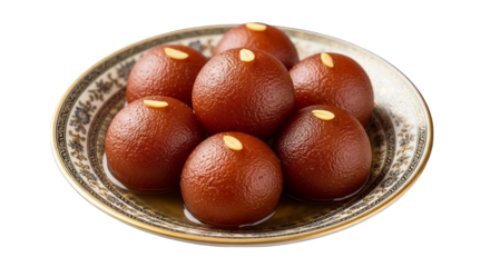 Delicious Gulab Jamun, a traditional Indian dessert, served on an ornate plate with golden details.