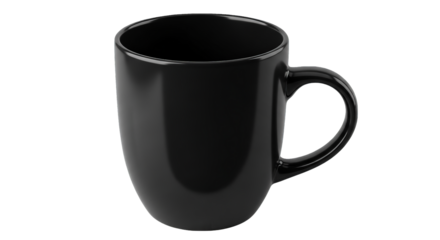 Elegant black mug displayed on a black background, showcasing its sleek shape and glossy texture.