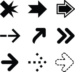Set of black arrow icons including bold, dashed, curved, double arrows and navigation pointers — modern directional symbols for UI and design