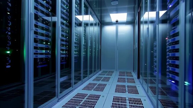 Data Center Hallway with Rows of Servers and Modern Infrastructure