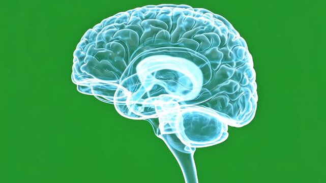 Professional 3D brain scan visualization with MRI-style cross-sections on green chroma key background. Features rotating transparent brain model with neural activity visualization and medical imaging - Powered by Adobe