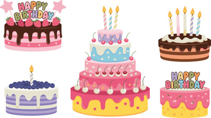 Colorful Birthday Cakes, Cute Celebration Desserts, Candle Topped Party Cake, Layered Sweets Illustration, Festive Baked Treats, Happy Birthday Vector Art, Cartoon Style Decoration