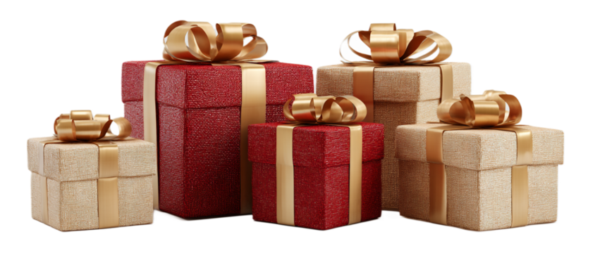 stack of gift boxes with ribbon isolated on transparent background