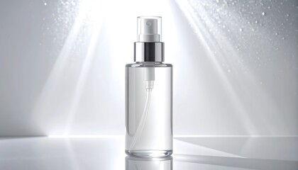 Clear Spray Bottle on White Surface with Abstract Lighting