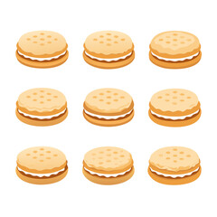 Isometric view of nine sandwich cookies with cream filling isolated on white background