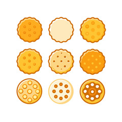 Variety of round crackers isolated on white background, different flavors