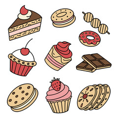 Assortment of colorful desserts including cake, cupcakes, cookies isolated on white background