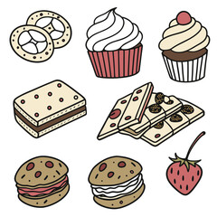 Assortment of delicious desserts isolated on white background, including cupcakes