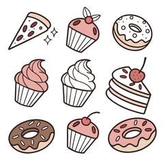 Cartoon illustration of pizza slice, cupcakes, and donuts isolated on white background