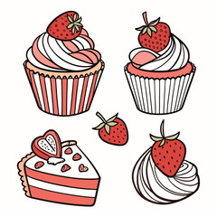 Illustration of cupcakes, cake and strawberries isolated on white background