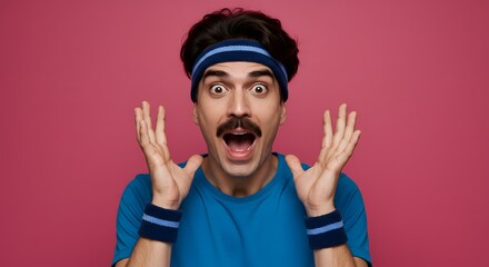 Retro 80s 90s man with mustache wearing headband and wristbands looking surprised and excited, studio shot