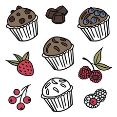 Selection of cupcakes and berries isolated on white background, a sweet treat
