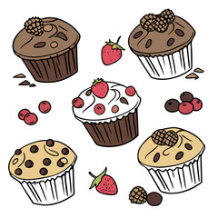 Selection of cupcakes with various toppings including berries and chocolate isolated on white background