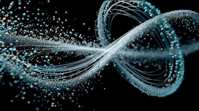 Quantum entanglement particles physics. Superposition research. Measurement science. Abstract visualization of entangled quantum particles in motion.