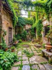 Fototapeta premium Weeds engulfing a patio with overgrown plants and climbing vines covering stone surfaces