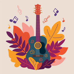An illustration with dark green guitar surrounded by a pile of colorful autumn leaves. The image is designed in purple, orange, yellow on the light background. For banners, invintations, postcards