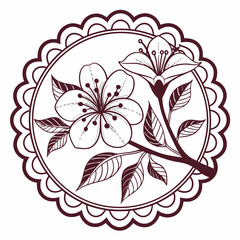 Beautiful floral blossom branch in a decorative circle frame isolated on white background