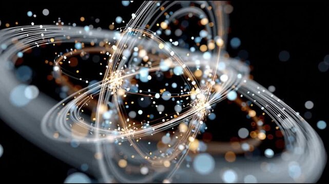 Quantum entanglement particles physics. Superposition research. Measurement science. Abstract visualization of quantum particles in motion.