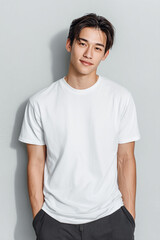 Obraz premium A beautiful male model wearing a tight small size white t-shirt. A product shot for fashion and apparel. best use for mockup