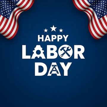 Happy labor day greeting with american flag elements and symbols of industry like gears and tools on a blue background