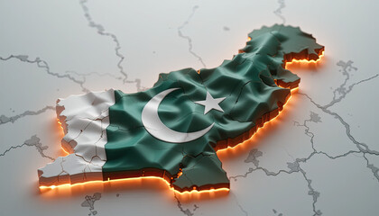 Stunning 3D map of Pakistan beautifully rendered in its national flag colors, glowing with warm light, representing pride and patriotism for national identity and travel.