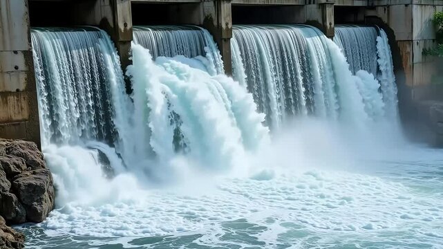 Dramatic dam release with rushing whitewater creating powerful energy and force