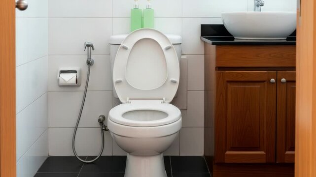 A modern bathroom interior featuring a white toilet with an open lid and a bidet spray, adjacent to a wooden vanity cabinet with a sink, viewed through a doorway