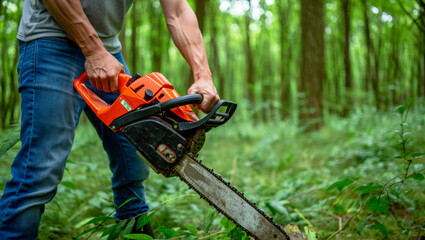 A man in jeans holds a bright orange chainsaw, standing in a lush green forest. Sunlight filters through the trees as he prepares for work among tall grass and foliage.